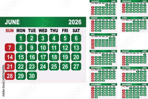 June 2026 Calendar with Full Year Overview month