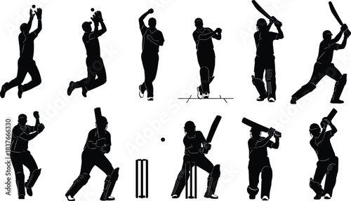 Set of black silhouette cricket players in batting, bowling, and wicket-keeping action poses, including batsman, bowler, and fielder figures, isolated sport vector illustration on white.