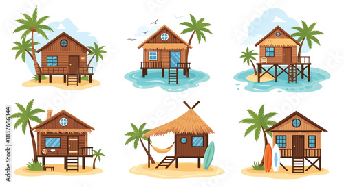 Collection of tropical beach bungalows and huts on stilts surrounded by palm trees and clear blue water for a vacation resort.