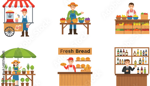 Farmers market and street food vendors set illustration, small business owners selling fresh organic produce, popcorn, baked bread, flowers, and alcoholic beverages at various outdoor stalls.