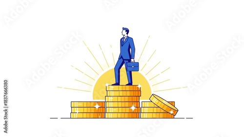 Businessman stands atop coin stacks with a briefcase, shining sunrise behind, concept of wealth, success, and investment