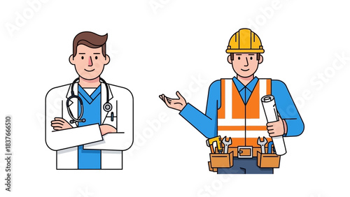 Cartoon depiction of a doctor and construction worker, standing side by side on a blank canvas background