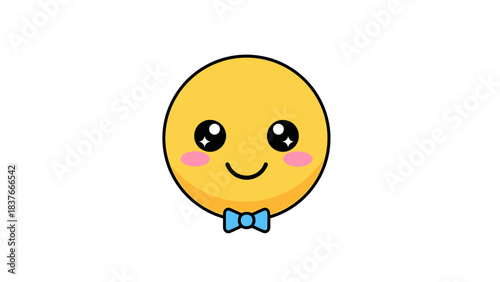 A cute, yellow, smiling emoji with a blue bow tie on a white background