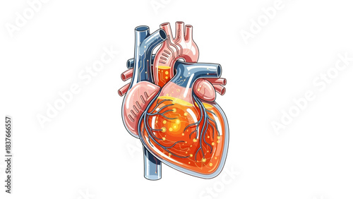 Detailed illustration of a stylized human heart filled with glowing liquid and intricate circuitry on a white backdrop