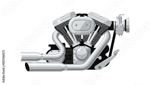 Detailed vector illustration of a shiny chrome motorcycle engine with exhaust pipes on white