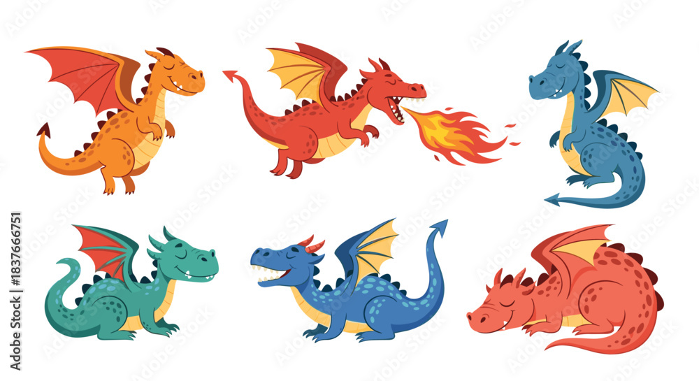Obraz premium Set of cute and colorful cartoon dragons in various fairytale poses including flying breathing fire sleeping and smiling.