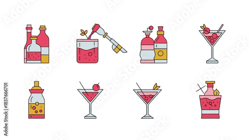 Eight stylized cocktail and liquor icons with simple fills and pink outlines against a white background