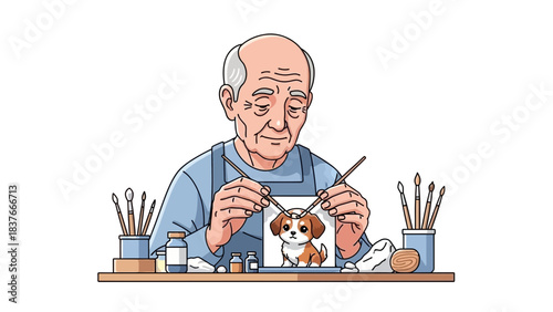 Elderly man paints a cute puppy on a canvas at his workstation, using fine brushes
