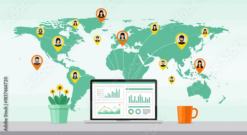 Flat vector illustration of a global network connecting people across the world with a laptop displaying data