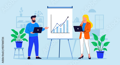 Flat vector illustration of two professionals analyzing a growth chart on a whiteboard while using laptops
