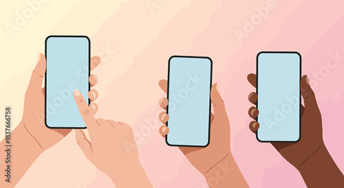 Three hands holding smartphones in a flat vector illustration with customizable screens