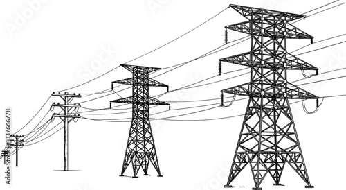 High-voltage power lines and towering lattice transmission structures convey electrical energy across long distances, symbolizing modern infrastructure, utility distribution, 