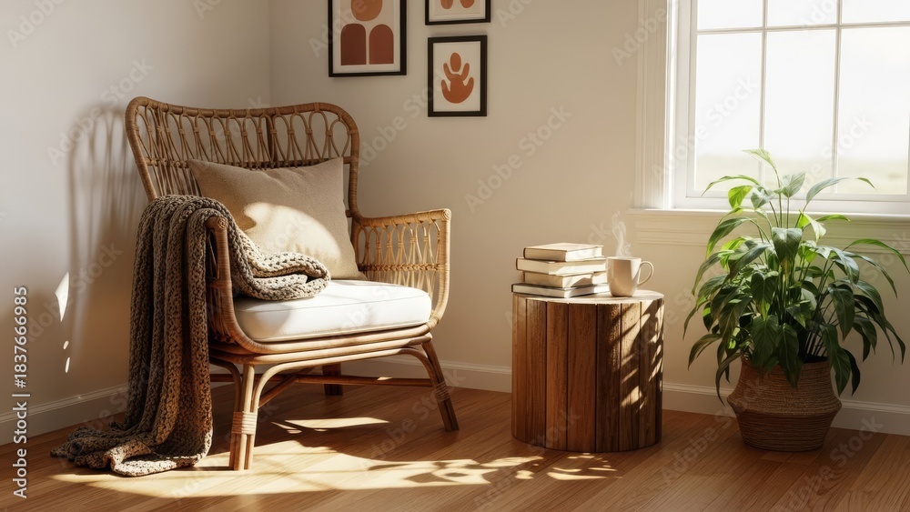 Fototapeta premium Cozy Rattan Armchair with Throw Blanket and Plant in Sunlit Room.