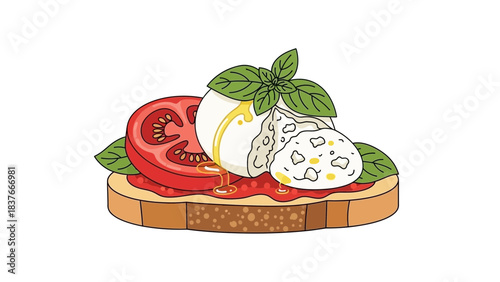 Cartoon illustration of a bruschetta with tomato, basil, mozzarella, and oil on white background