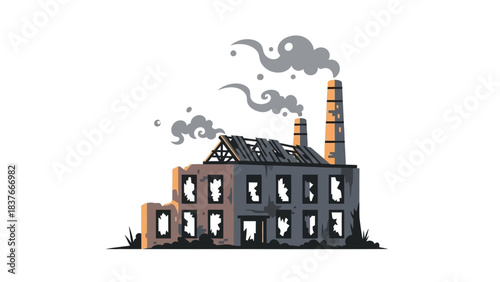 Cartoon illustration of a dilapidated building with smoking chimneys on a white background