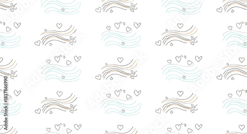Seamless romantic pattern with hand-drawn hearts and flowing wavy lines in soft pastel colors for a delicate background design.