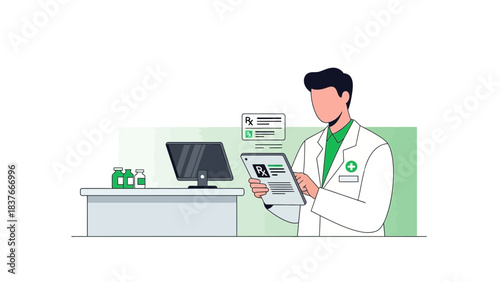 Cartoon illustration of a doctor reviewing prescription information in a medical office setting