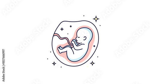 Illustrated fetus within amniotic sac, outlined in navy, accented with pink/light blue. Embellished with stars