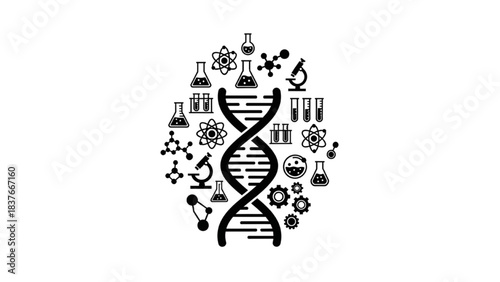 Black silhouette line art of a DNA double helix with surrounding science symbols in infographic style