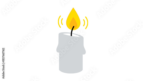 Cartoon image of lit, melting, grey candle with yellow flame isolated on white