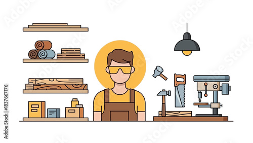 Cartoon image shows a carpenter in a workshop surrounded by tools and wood supplies, flat design style