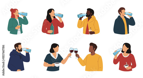 Set of diverse people drinking various beverages including water from a bottle coffee and toasting with glasses of red wine.
