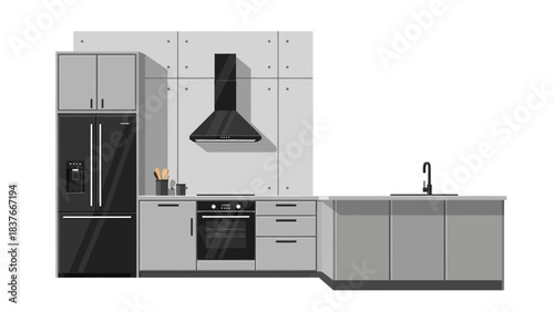 Modern grey kitchen with stainless steel appliances and hood