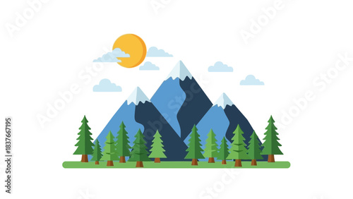 Flat design landscape with mountains, trees, sun, and clouds against a white background