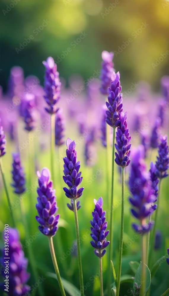 Obraz premium A field of vibrant purple lavender flowers swaying gently in the summer breeze, bathed in soft sunlight The image captures the essence of tranquility and natural beauty , stalks, Provence