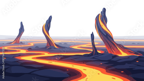 Molten lava flows across a rocky, desolate landscape under a pale sky in this stylized illustration