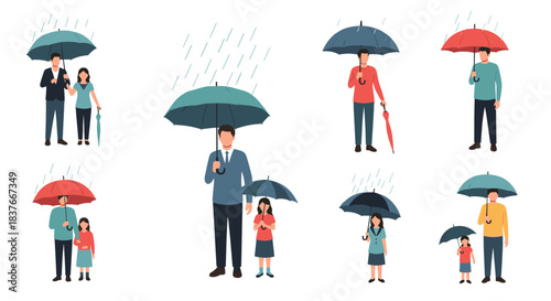 Set of diverse people and families standing together under large umbrellas to stay dry from the falling rain in wet weather.