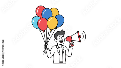 Cartoon of a man holding balloons and a megaphone on a white background