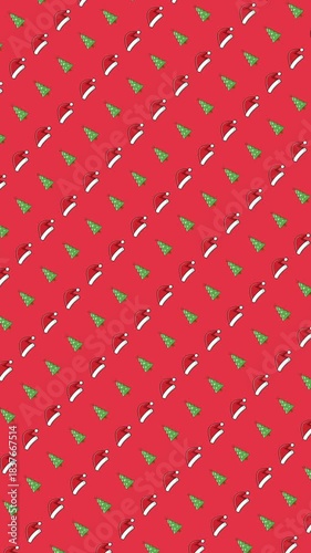 Seamless Christmas Pattern with Santa Hats and Green Fir Trees on a Vertical Red Background