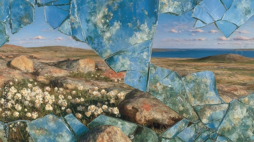 Arctic Tundra Landscape with Cotton Grass and Distant Ocean.