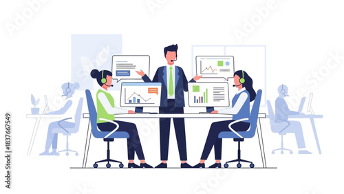 Office scene featuring a man and two women in headsets working at computers in front of charts and graphs