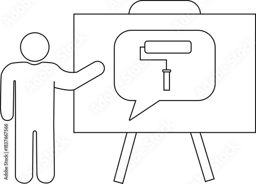 Outlined image of a person presenting a paint roller on an easel