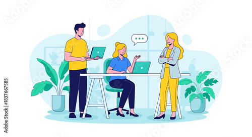 Flat vector illustration of people working together in a modern office environment