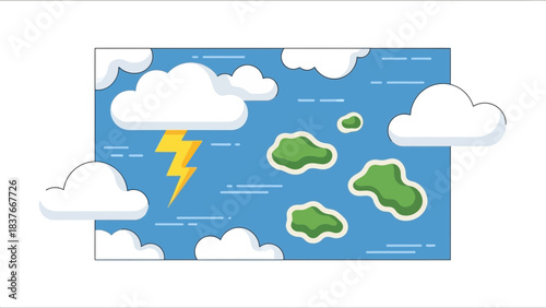 Cartoon scene of an island archipelago in cloudy weather with a lightning bolt and simplified ocean water