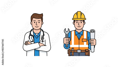 Illustration of a doctor and a construction worker in uniform and holding tools, standing on a plain white background