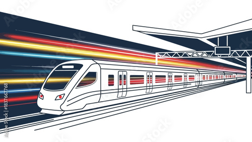 Sleek, modern train speeds through a station with blurred motion lines indicating speed and travel