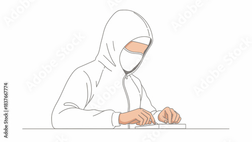 Outline illustration of a masked person in a hooded jacket typing on a keyboard