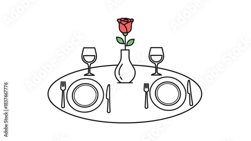 Illustration of a dinner table set for two with a rose in a vase as a centerpiece