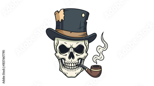 Cartoon skull wears a tattered top hat and smokes a pipe, smoke drifting upwards