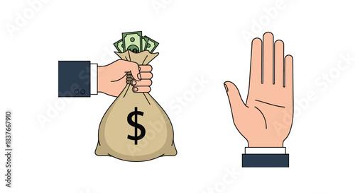Concept of rejecting bribery with one hand offering a bag of money and another hand showing a clear stop gesture.