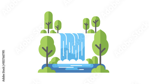Flat vector art depicting a waterfall surrounded by stylized green trees and shrubs on a white background