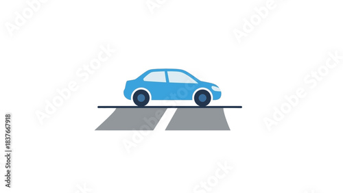 Flat vector car illustration, light blue on a two lane road with white background
