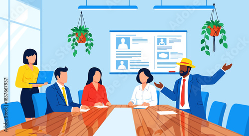 Dynamic Business Collaboration in a Modern Conference Meeting, captured in a vibrant flat vector illustration with diverse professionals brainstorming and discussing strategy