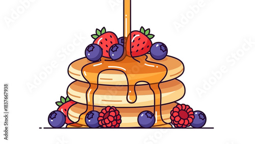 Cartoon stack of pancakes drizzled with syrup and garnished with berries