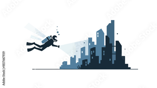 A scuba diver illuminates a cityscape under water with shades of blue