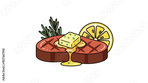 Cartoon steak with butter, lemon and rosemary, isolated on white
